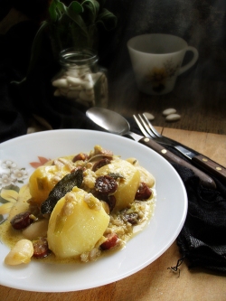 Butter Beans, Kabano Sausages, Potatoes and Pearl Barley, in a creamy, delicately spiced leek and fresh sage stew