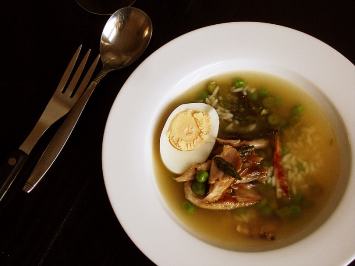 Asparagus, Chicken and Pea Soup, with rice and boiled egg