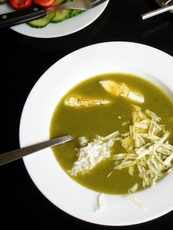 Parsley and Cheddar Cheese Soup, with hard-boiled eggs and rice