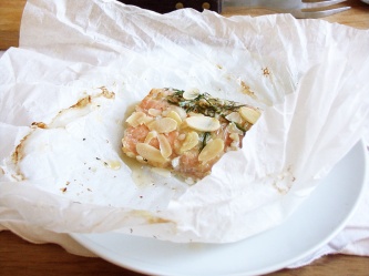Salmon en Papillote, with dill, lemon and almonds